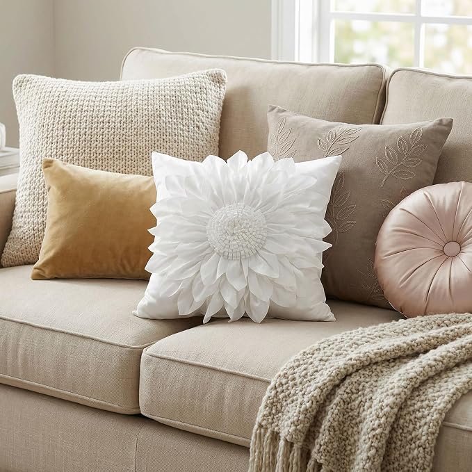 Bella's Giftshop 3D Sunflower Decorative Throw Pillow Covers for Bed Sofa Couch Car, Accent Floral Cushion Cover, Handmade Pillow Cases Living Room Decor, 17x17 Inch-Cream/White | Bella's Giftshop Handmade Sunflower Taffeta Pillow Cases Living Room Bed...