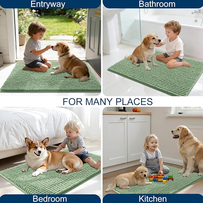 OLANLY Dog Door Mat for Muddy Paws 36x24, Extra Absorbent Chenille Mud Mat | Olive Green, Absorbs Moisture and Dirt, Non-Slip Machine Washable Doormat, Quick-Drying Indoor Entryway Floor Mat for Dogs