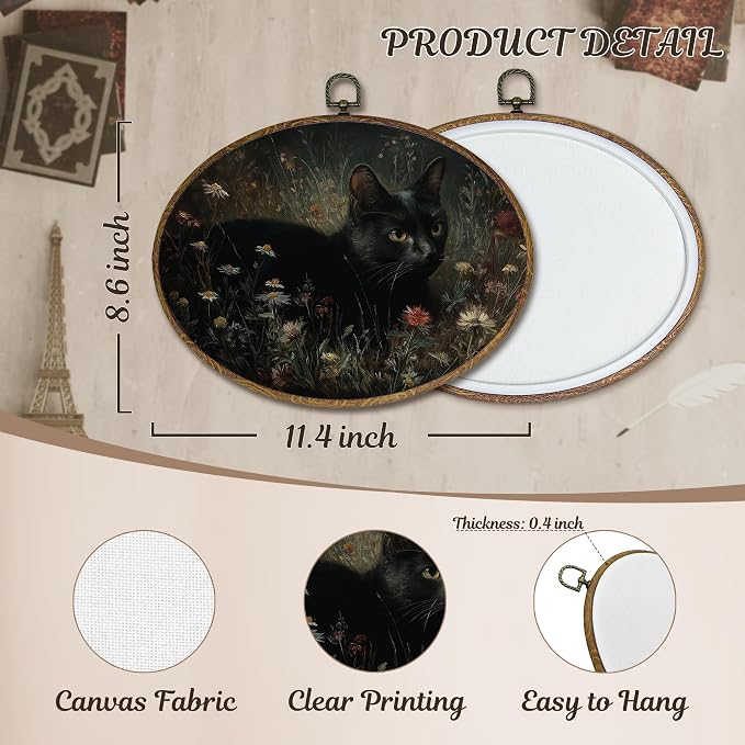 LKETW Vintage Black Cat Floral Oval Wall Art Decor, Dark Academia Cottagecore Black Cat Oval Canvas Hanging Decor, Rustic Moody Botanical Wall Decorations for Home Living Room Bedroom, 11.4x8.6 Inch