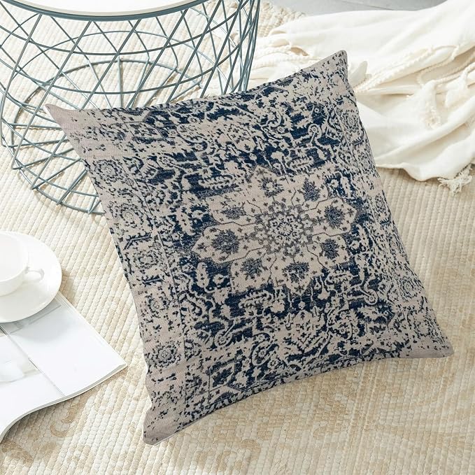 AEIOAE Boho Pillow Covers 22x22 Inch Set of 2,Carpet Pattern Throw Pillows Case,Navy Blue Beige Ethnic Design Outdoor Decorative Square Linen Farmhouse Decor Cushion Covers for Home Sofa Bed Couch