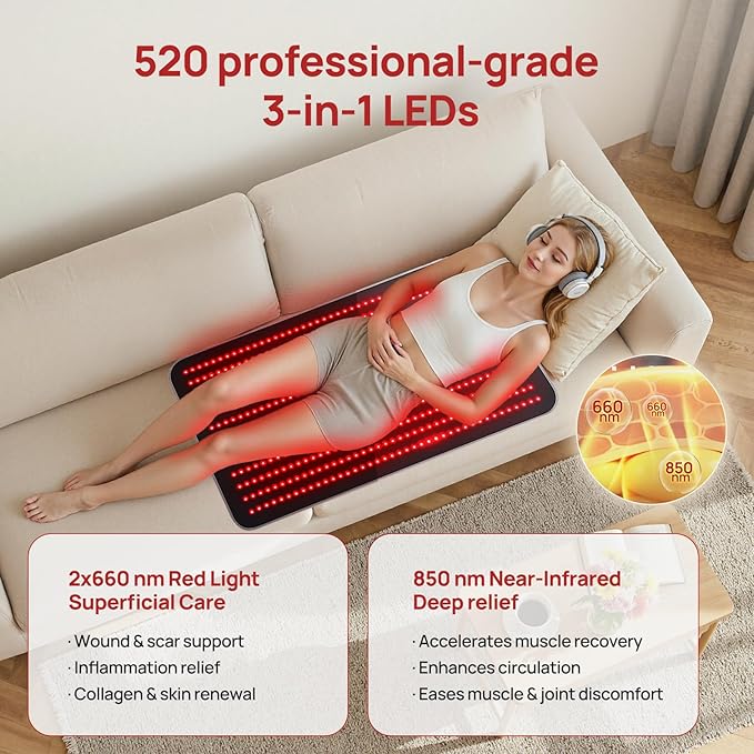 Red Light Therapy Mat for Body, 39.4" x 24" Large Size Near Infrared Red Light Therapy Pad Full Body, 660nm&850nm(520 LEDs), Adjustable Timer and Power Levels