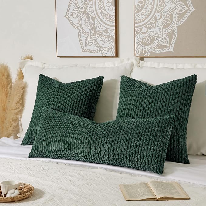Kevin Textile Soft Corduroy 14"x36" Lumbar Pillow Cover 1 Pack, Army Green | Boho Stripe Plush Corduroy Decorative Oblong Cushion Cover Modern Farmhouse Home Decor for Sofa Couch Bed Chair