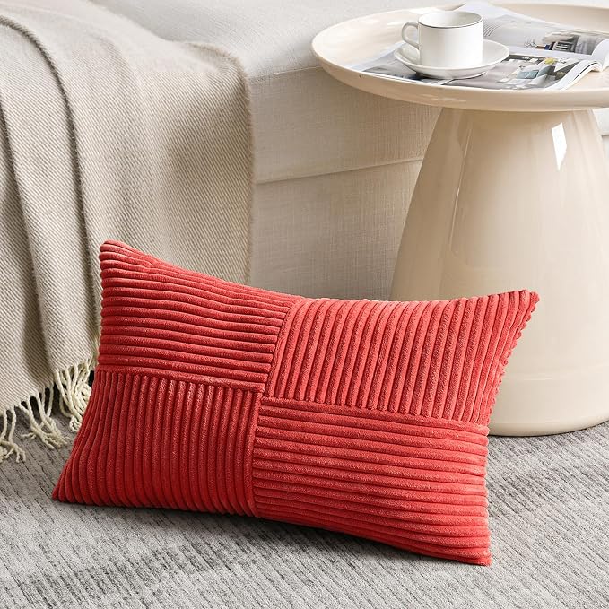 Fancy Homi Set of 1 Red Long Lumbar Decorative Throw Pillow Covers 12x24 Inch for Couch Bed Sofa, Holiday Christmas Home Decor Gift, Soft Striped Corduroy Rectangle Accent Cushion Case 30x60 cm