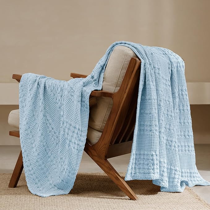 PHF 100% Cotton Waffle Weave Throw Blanket, Lightweight Breathable Summer Blanket for Couch Sofa, Pre-Washed Soft Throws for Bed, Office, Travel & Stylish Home Decor, 50"x60", Baby Blue