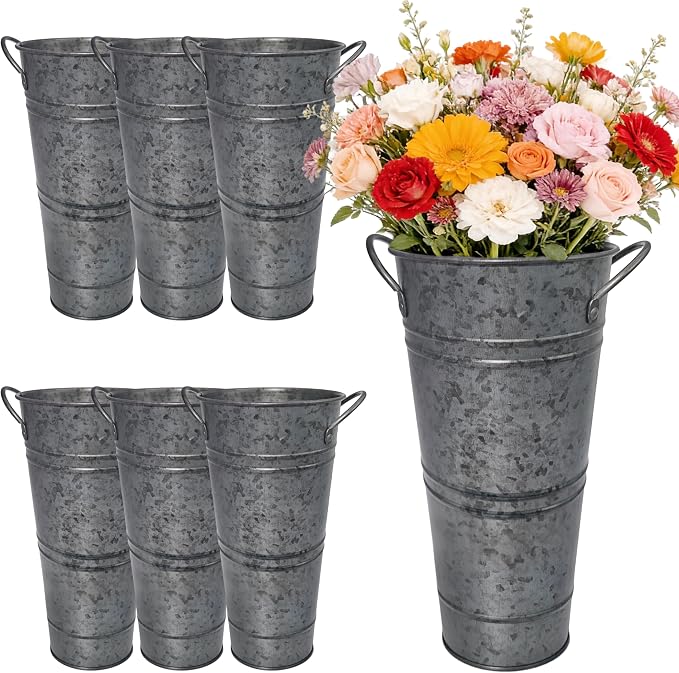 9 Inch Black Metal Flower Buckets, Set of 6 - Rustic Vases with Handles for Farmhouse & Wedding Decor, Tall Planters for Cut Flowers, Table Centerpiece & Home Organization