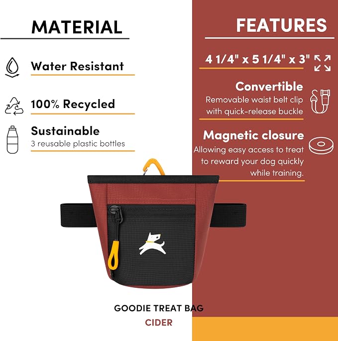 OllyDog, Goodie Treat Bag, Dog Treat Training Pouch | Magnetic Closure | 3 Ways to Wear | Hands-Free Waist Belt | Water-Resistant Recycled Vegan Fabric (Cider)