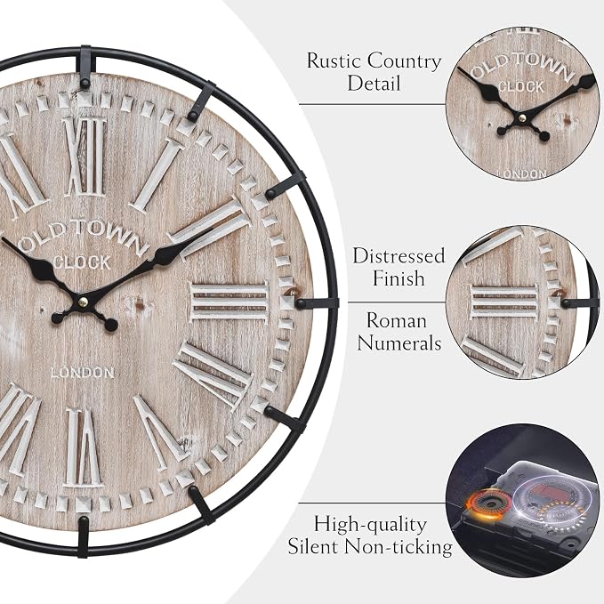 EMAX HOME 12 Inch Farmhouse Wall Clock Rustic Antique Wood with Metal Circle and Large Engraved Numerals, Silent Battery Operated Wall Clock for Office Kitchen Bedroom Living Room