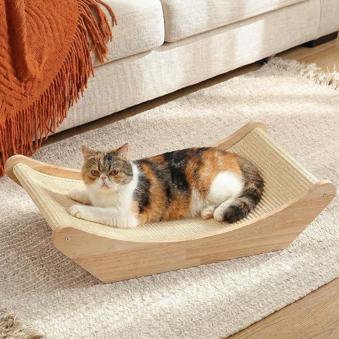 Zakkart Cat Sisal Scratching Bed Hammock, 2-in-1 Cat Scratcher & Lounging Bed, 100% Natural Sisal Mat, Solid Wood Frame, Cat Furniture Protector (Medium, Natural Color)
