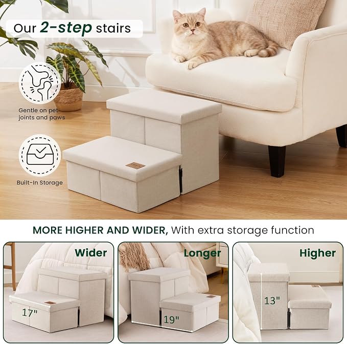 Love's cabin Dog Stairs for High Bed, Foldable Pet Stairs for Small Medium or Large Dogs Puppy with Storage for Bed or Couch, Cat Dog Steps Ramp with Zip up to 200 lbs, Beige, 2 Steps