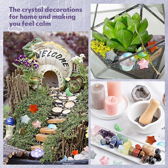 Nuenen 60 Pieces Worry Stones Bulks Star Shaped Crystals and Moon Shaped Crystals Assorted Palm Thumb Stones Hand Making Gemstone Decorative Crystal for Witchcraft Meditation DIY Balancing Jewelry