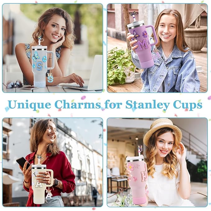 15PCS Cup Accessories Set for Stanley Cup 30oz 40oz Tumbler with Handle, Including Silicone Straw Cover and Boot, Spill Proof Stopper, Stanley Charms, Handle Charm, Initials Sticker