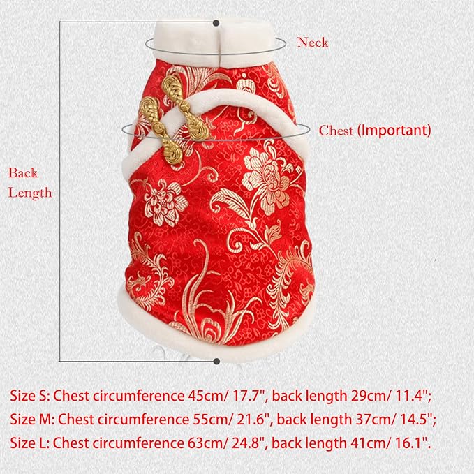 SEIS New Year Cat Knot Buttons Coat Dogs Cheongsam Winter Pet Clothes Vest of The Tang Dynasty Christmas Costume for Cats Teddy Bichon Small Medium Dogs (White, M (Chest Circumference 55cm/ 21.6"))