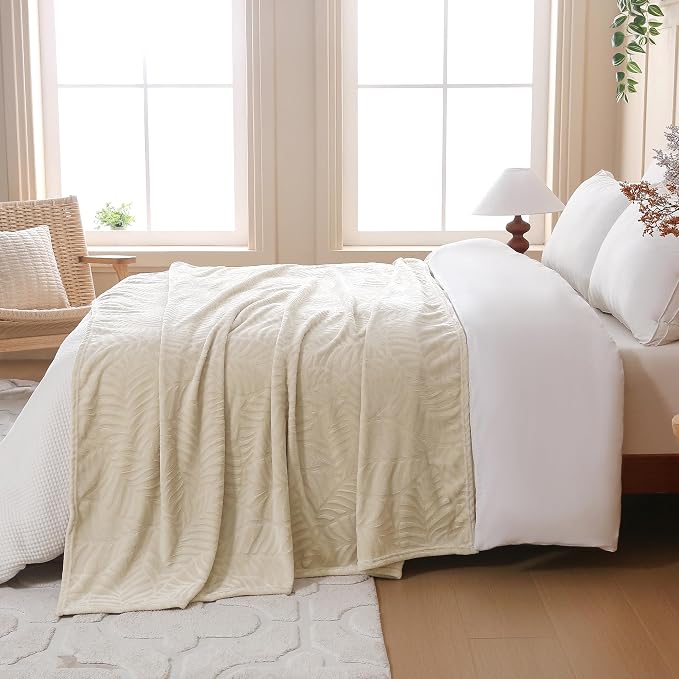 Super Soft Flannel Fleece Throw Blanket, 60 x 80 Inches, Linen | Lightweight Cozy Warm Leaves Textured Plush Blanket for Bed Couch Sofa
