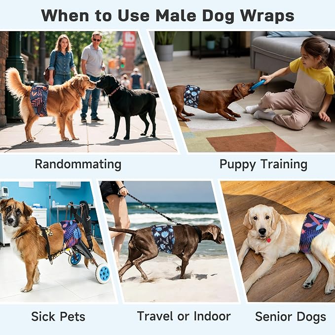 Langsprit Small Male Dog Diapers for Doggie Puppy,Reusable Belly Bands for Male Dogs Wraps,Washable Doggy Dog Diapers Medium Large in Incontinence 5 Pack (Vibrant Leaves, Medium)