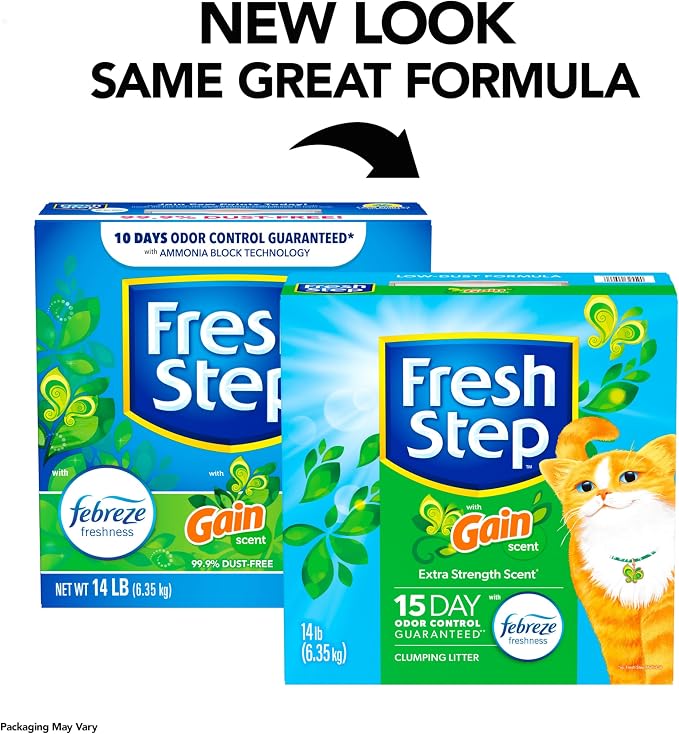 Fresh Step Odor Shield Multi Cat Clumping Cat Litter with Febreze Freshness in Gain Scent, Low Dust, Odor Control with Ammonia Block Tech, Compatible in Automatic Litter Boxes, 14 lb. (Pack of 2)