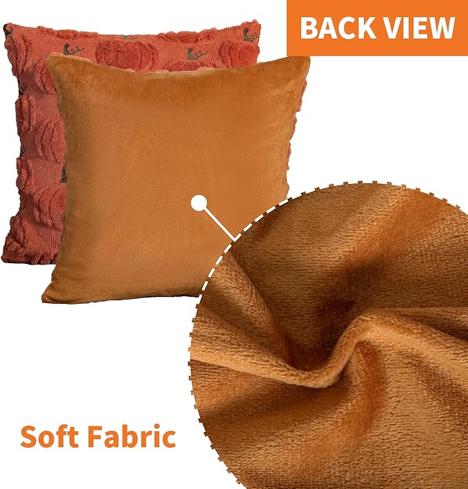 Fall Pumpkin Decorative Pillow Covers 20x20 Set of 2, Dark Rust Red Soft Plush Faux Fur Wool Farmhouse Throw Cushion Cases for Autumn Thanksgiving Holiday Home Decorations