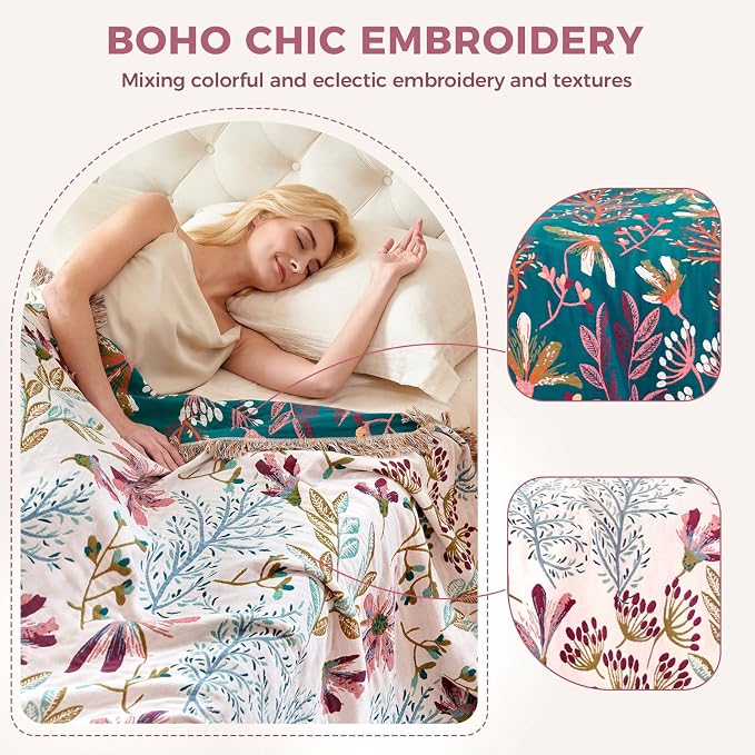LUTBM Boho Throw Blanket for Bed 60"x80", All Season Cotton Couch Blankets | Reversible Floral Jacquard, Muslin Gauze Twin Quilt, For Chair Sofa Bedroom Living Room, Lightweight & Breathable, Home Decor