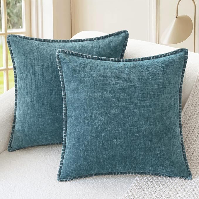 CaliTime Decorative Couch Throw Pillow Covers 24 X 24 Inches Smoke Blue | Pack of 2, Cozy Chenille Cushion Cases, Cotton Thread Stitching Edges, for Sofa Bed Living Room Farmhouse