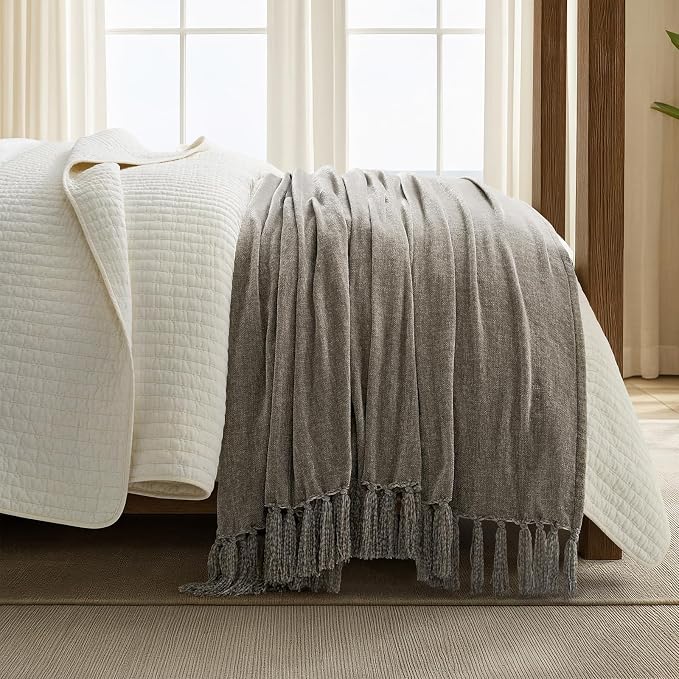 Chenille Knit Queen Blanket for Bed, 90"x90", Taupe | Super Soft Knit Throw with Tassels, Cozy, Decorative Farmhouse Plaid, Lightweight Blanket Queen Size for Couch Sofa Gift