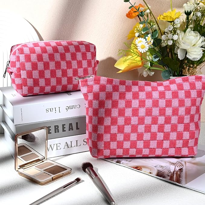 SOIDRAM 2 Pieces Makeup Bag Large Checkered Cosmetic Bag Capacity Canvas Mix Travel Toiletry Bag Organizer Cute Makeup Brushes Aesthetic Accessories Storage Bag for Women, Checkered Mix Rose Red