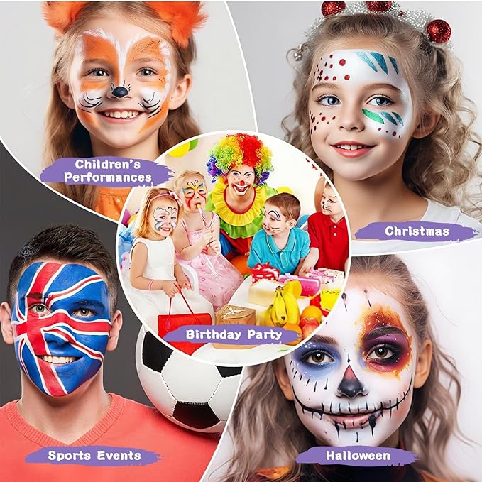 Face Painting Kit for Kids, 51 Colors Water Based Non-Toxic Paint, with 4 Brushes, 38 Stencils, 6 Reusable Stencils, etc. Washable Face Paints for Birthdays Halloween Party Carnival