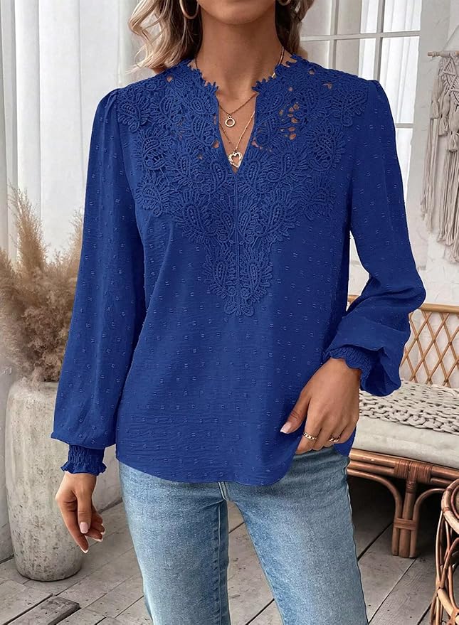 Womens Tops Swiss Dot Boho Long Sleeve Shirts V Neck Casual Chiffon Blouses Flowy Lace Hem Cute Clothing Trendy 2026