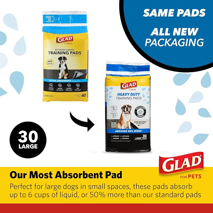 Glad for Pets XL Charcoal Training Pads, Heavy Duty, 24x24 in, 30 Count | Quick-dry quilted top and leak-resistant layers for indoor potty use and crate liners, 24 x 24 in