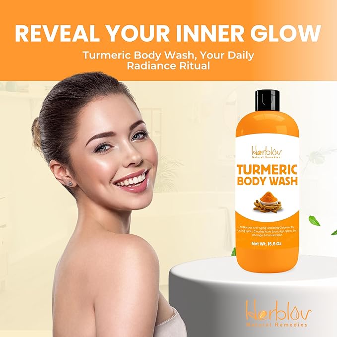 Turmeric Body Wash – Skin Brightening Liquid Soap for Discoloration – Natural Anti Aging Exfoliating Turmeric Body Wash for Spots, Acne, Sun Damage – Bath Soap Skincare