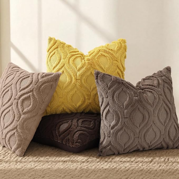 decorUhome Faux Fur Plush Soft Brown Throw Pillow Covers 24x24 Set of 2 | Wool Solid Fall Couch Pillow Covers, Accent Modern Farmhouse Neutral Decorative Square Pillow Cases for Sofa Bed Living Room