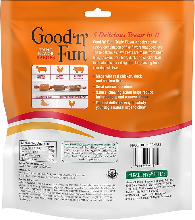 Good 'n' Fun Kabobs Long-Lasting Dog Treat With Protein, 36 Count (2 Pack) | Premium Chicken, Pork and Beef Hide Chew, Supports Dental Health and Mental Stimulation, For Adult Dogs
