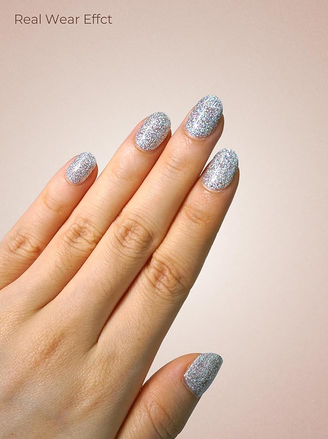 Real Gel Nail Strips (No UV Light Needed) - 44Pcs Salon Quality Nail Stickers - Long Lasting Polish Wraps for Women, Easy Apply & Remove (Ethereal Silver)
