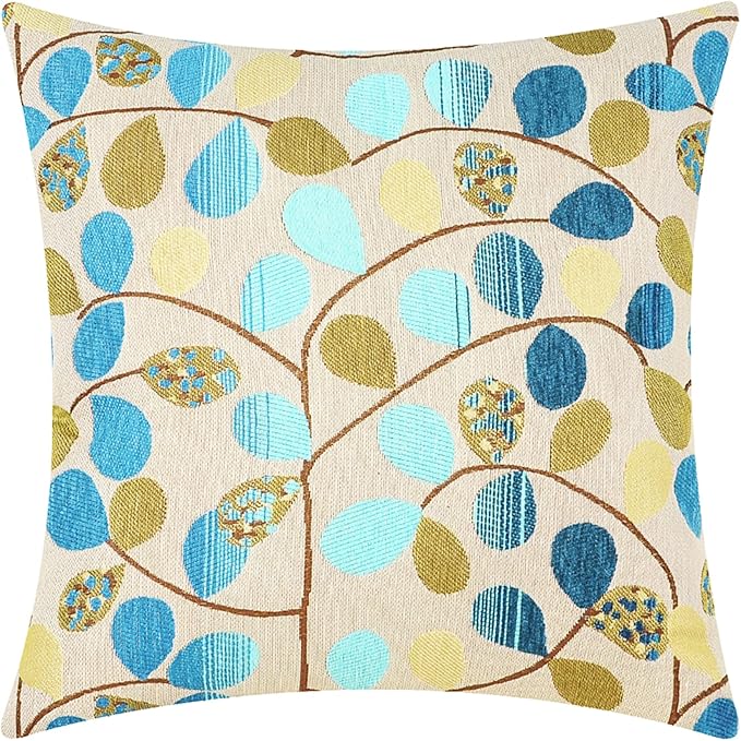 CaliTime Decorative Throw Pillow Covers 18 X 18 Inches Ecru Blue | Luxury Chenille Cute Leaves Cushion Case Shell for Couch Sofa Bed Living Room Home