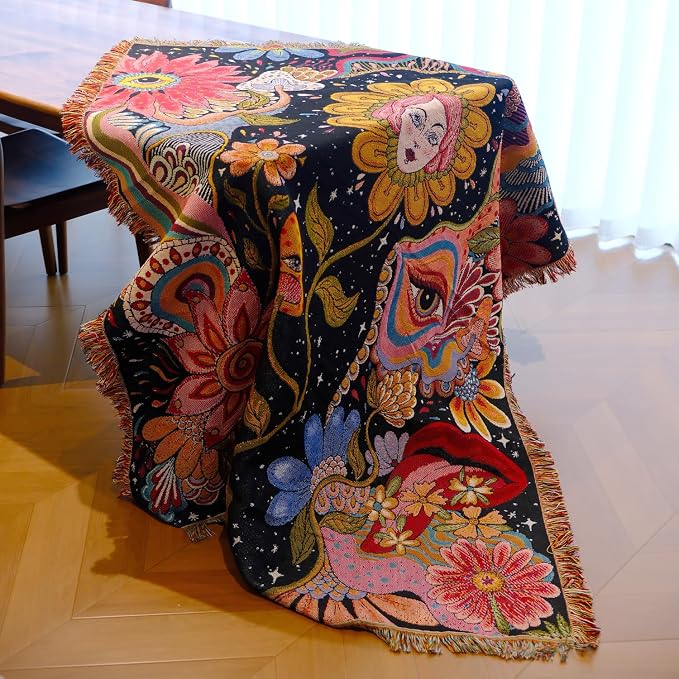 Hippie Flower Boho Throw Blanket for Couch Bed Chair Lounge Hippie Room Decor Reversible Cotton Woven Whimsical Throw Blanket Witchy Room Decor Throws Bed Spread Outdoor Camping Blanket 51x59 Inches