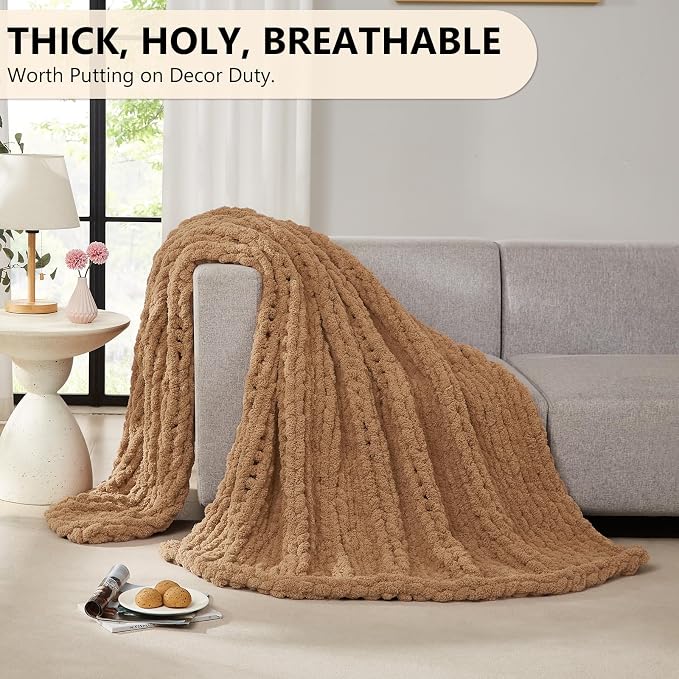 L'AGRATY Chunky Knit Throw Blanket for Couch, 60'' x 80'' Knit Throw, Tan | Handmade Chenille Crochet Blanket for Sofa Bed, Thick Cable Knitted Blankets for Room Home Decor, Birthday Gift for Women Mom