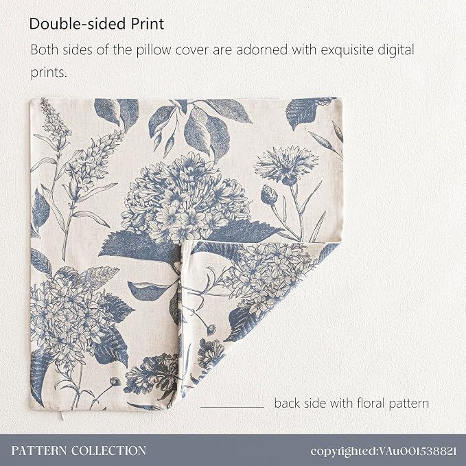 Foindtower Set of 2 Linen Floral Vintage Throw Pillow Covers Neutral Accent Print Decorative Cushion Covers Farmhouse Boho Home Decor for Sofa Chair Couch Bedroom Living Room,20×20 Inch,Blue