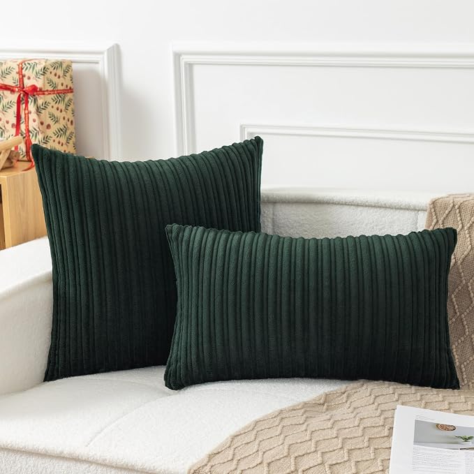 UGASA Velvet 20x20 Inch Soft Throw Pillow Cover Decorative Striped Corduroy Both Sides Solid Square Cushion Case Boho Farmhouse for Couch Bedroom Sofa Home, 1 Piece, New-Dark Green