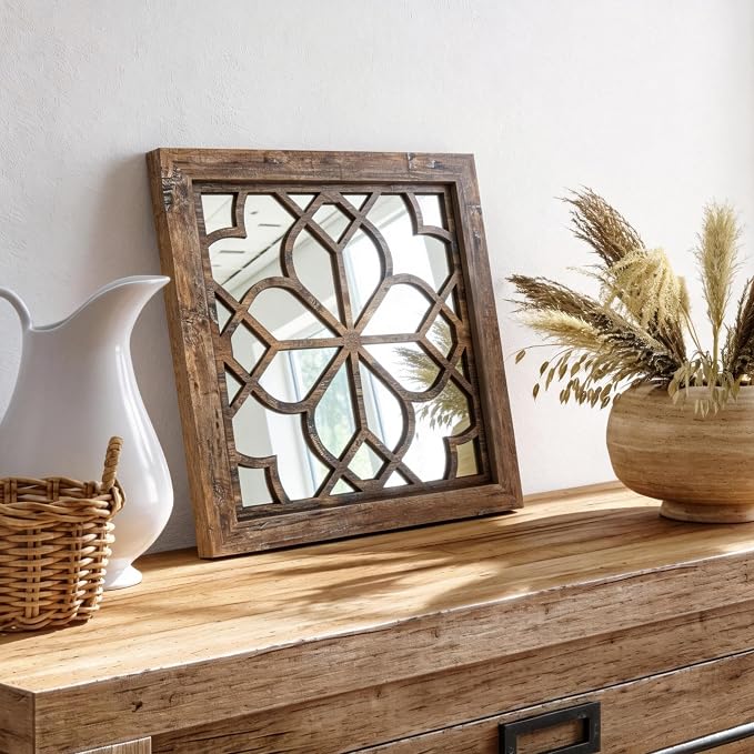Set of 4 14 Inch Square Redbrown Window Pane Wall Mirrors, Shatterproof Rustic Farmhouse Boho Vintage Decorative Mirrors for Living Room Bedroom Bathroom Entryway
