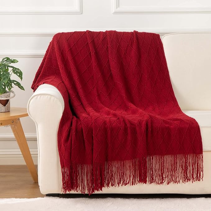 BATTILO HOME Red Throw Blanket Large Fringe Fall Throw Knitted Bed Throws for Couch Sofa Indoor Outdoor, Red, 52 x 80 in.