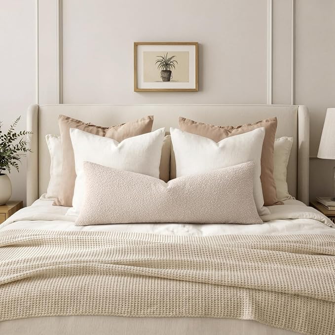 MIULEE Textured Boucle Lumbar Pillow Cover for Bed 14x36 Beige | Pack of 1 Textured Neutral Couch Throw Pillow Cover, Accent Solid Long Body Pillowcase, Sofa Living Room Home Decor
