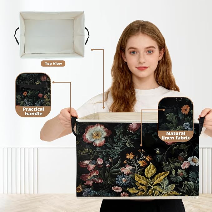 Vintage Gothic Floral Storage Box Bins, Dark Cottagecore Wildflower Botanical Collapsible Storage Basket Organizer for Bedroom Laundry Room Home Clothes Books, Decor for Room