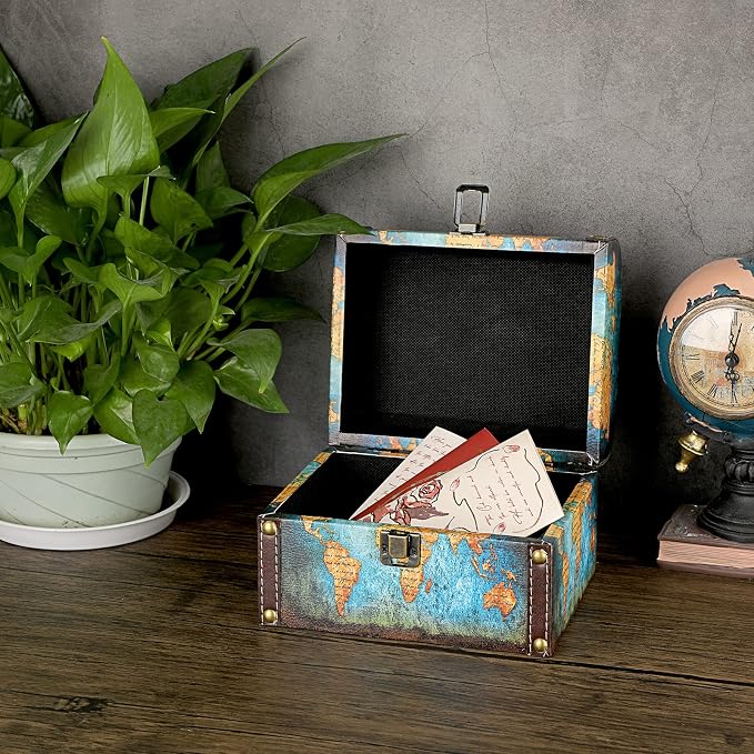 ELLDOO Decorative Treasure Chest Box, Wooden + PU Leather Storage Box for Jewelry Trinkets, Keepsakes box for Girls Women Gifts (Green Map Pattern)