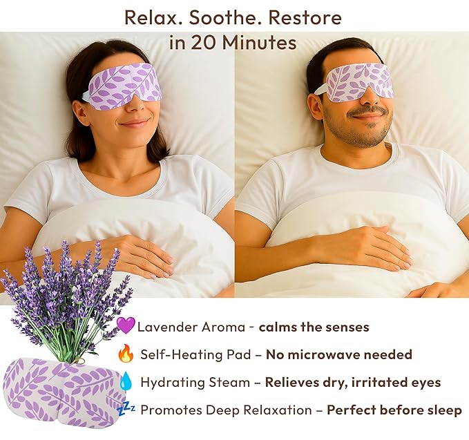 Steam Eye Mask - 16 Pack Lavender Self-Heating Warm Compress for Dry Eyes, Puffy Eyes Relief, Cornea Care, and Relaxation – Soothing & Comfortable Heated Eye Pads