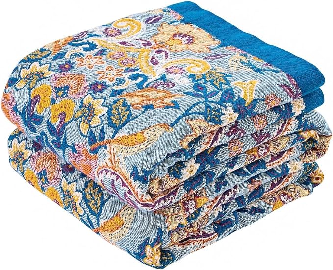 XIBLC Boho Throw Blanket for Bed, 100% Cotton Soft Rustic Quilt Fall Blanket, 50"x60" Floral Printed Farmhouse Decor Bed Blankets, All Season Rustic Reversible Bohemian Throw Quilt