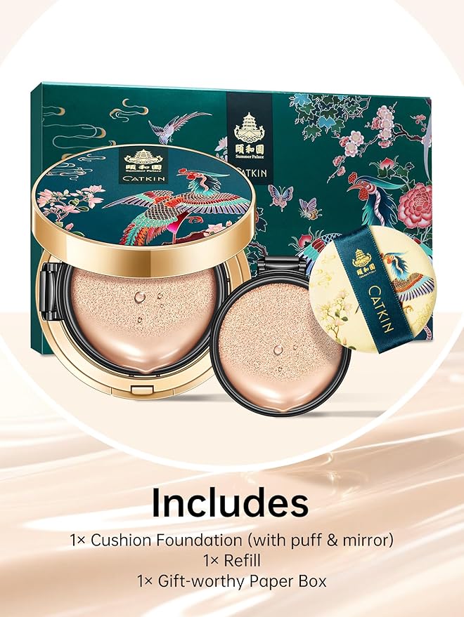 Catkin Phoenix Cushion Foundation Buildable Coverage Anti-Aging Serum Makeup, Sheer Satin Finish, Refill Included, Light Beige 0.46 Oz x 2, C01 NATURAL