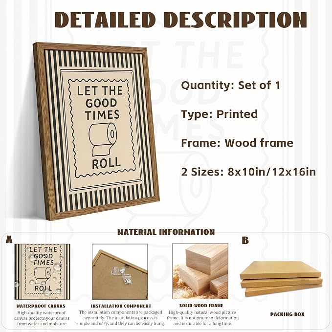 Framed Let The Good Times Roll Bathroom Print, Vintage Funny Toilet Quote Canvas Wall Art, Stripes Bathroom Picture Poster, Downstairs Toilet Painting Wall Decor 8x10 inch