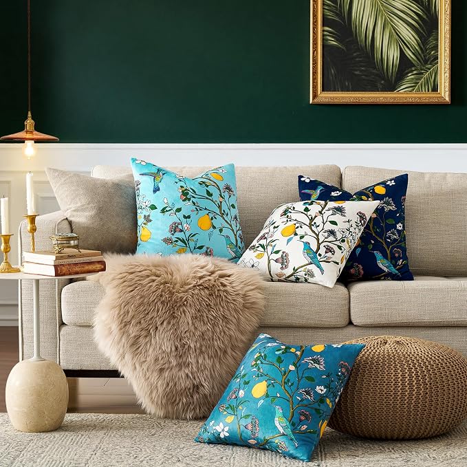 MUSSEL Peacock Blue Velvet Floral Decorative 20x20 Pillow Covers Set of 2 | Durable Sturdy,Botanical Printed Pattern,Throw Pillows Case,Square,Colorful Mid Century Cushion Covers,Sofa Couch Decor
