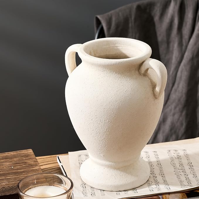 PORCER Ceramic Rustic Flower Vase with Handles, 8.46 Inch Tall Vintage Pottery Home Decor, Farmhouse Terracotta Vase for Living Room, Table, Shelf, Mantel Decoration, Farmhouse- White
