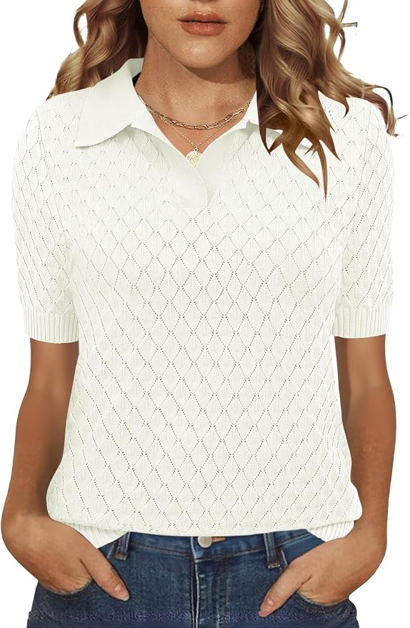 Rapbin Womens Short Sleeve Knit Polo Shirts Summer Spring Sweater Tops | Classic V Neck Collared Shirts Lightweight Business Casual Basic Fashion Pullover Polo Sweater for Work Formal Daily Wear