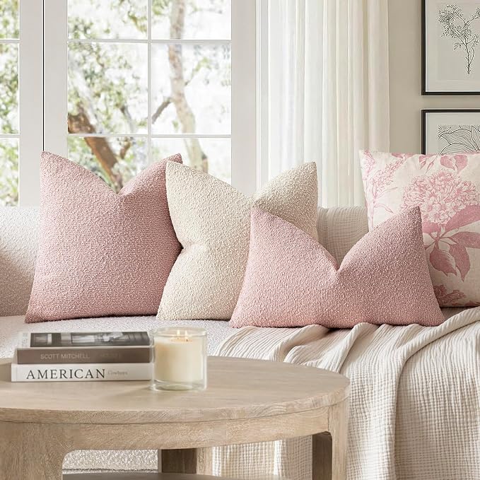 Foindtower Set of 2, Decorative Textured Boucle Throw Pillow Covers Accent Solid Pillow Cases Neutral Soft Cozy Couch Cushion Case for Chair Sofa Bedroom Living Room Home Decor 24x24 Inch Sakura Pink