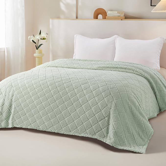 Whale Flotilla Soft Fleece Twin Size Blanket for Bed, Sage Green | Jacquard Waffle Blankets for Home Decor, Lightweight and Cozy, All Season Suitable, 60x80 Inch